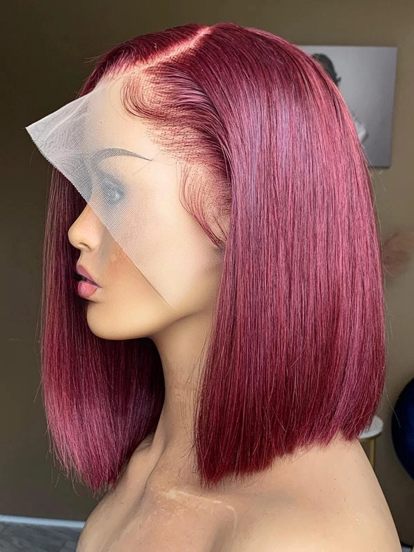 Chinalacewig C part Burgundy 99j Straight Human Hair Bob Wigs For Women Short Cut Preplucked CF554
