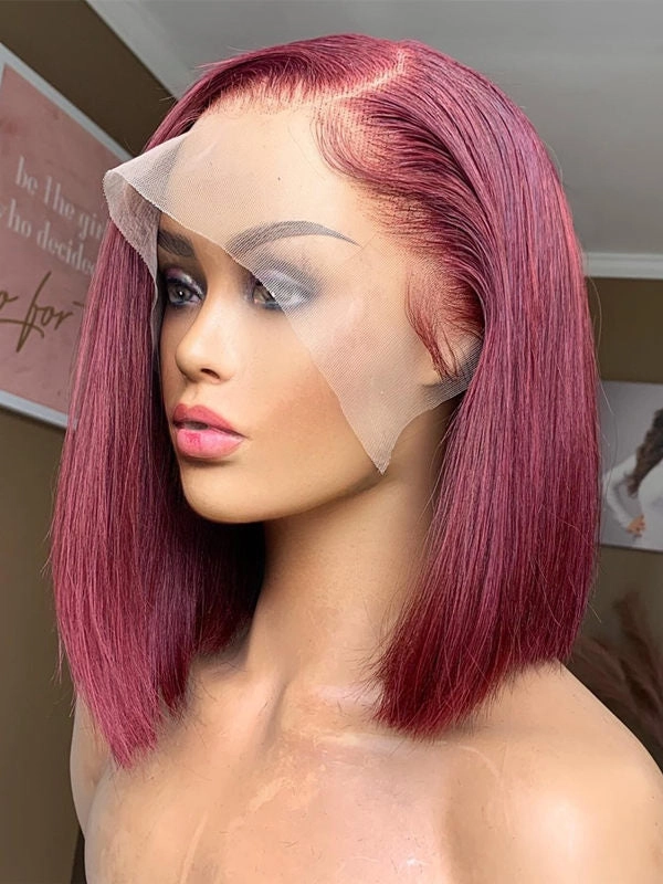 Chinalacewig C part Burgundy 99j Straight Human Hair Bob Wigs For Women Short Cut Preplucked CF554