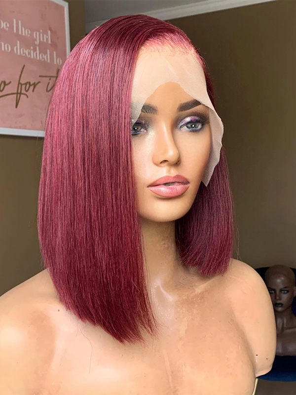 Chinalacewig C part Burgundy 99j Straight Human Hair Bob Wigs For Women Short Cut Preplucked CF554