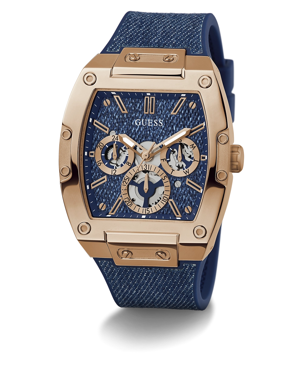GUESS Mens Blue Rose Gold Tone Multi-function Watch