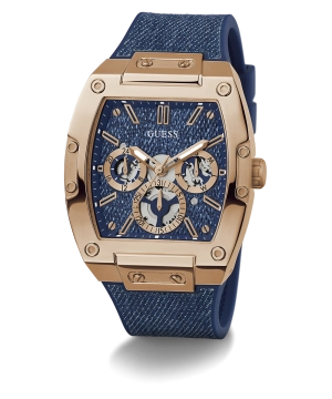 GUESS Mens Blue Rose Gold Tone Multi-function Watch