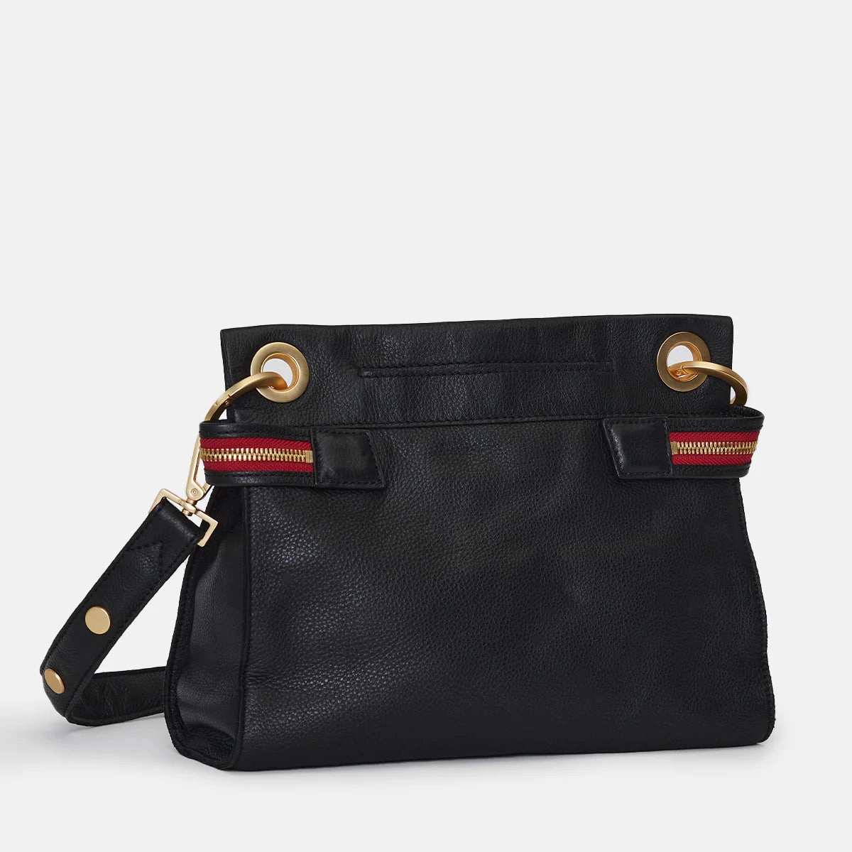 Hammitt Tony Med Signature Crossbody Leather Handbag Black/Brushed Gold Red Zip
