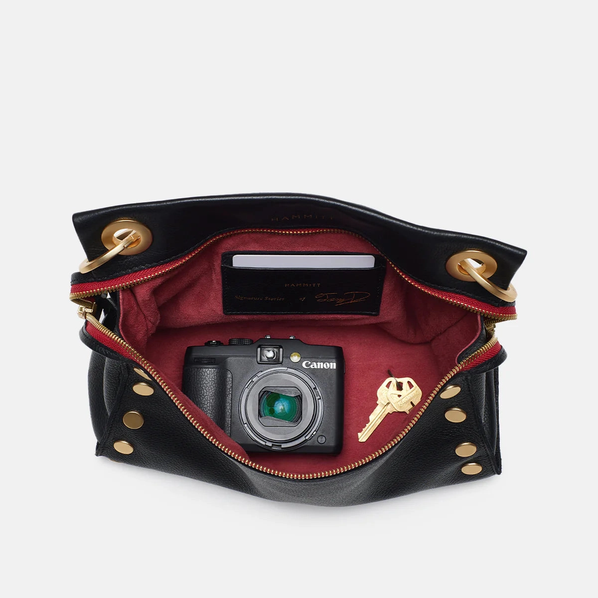 Hammitt Tony Med Signature Crossbody Leather Handbag Black/Brushed Gold Red Zip