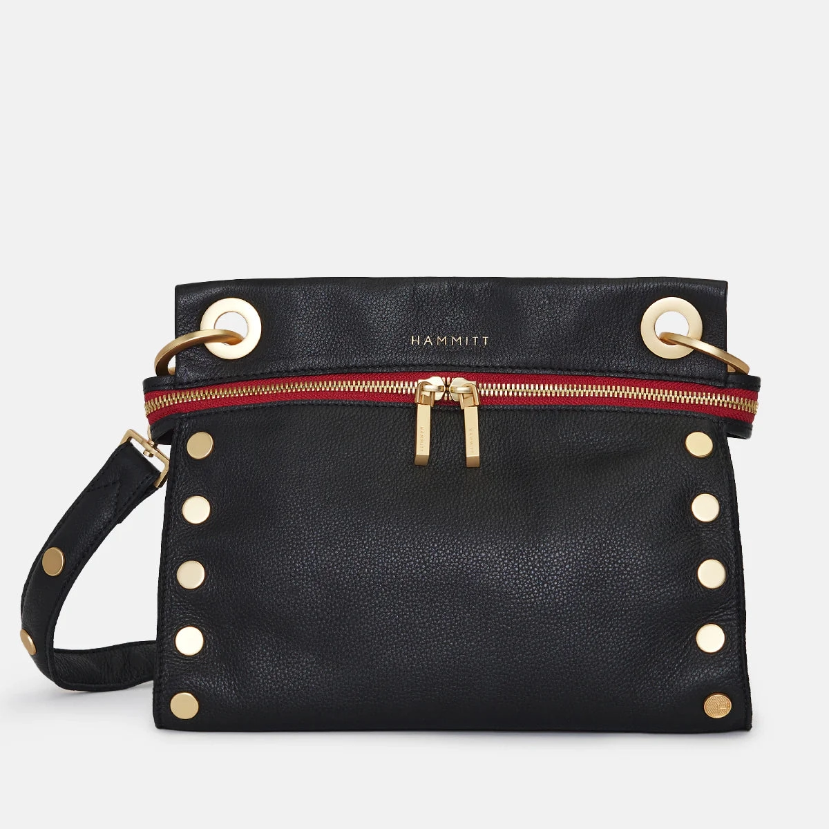 Hammitt Tony Med Signature Crossbody Leather Handbag Black/Brushed Gold Red Zip