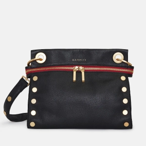 Hammitt Tony Med Signature Crossbody Leather Handbag Black/Brushed Gold Red Zip