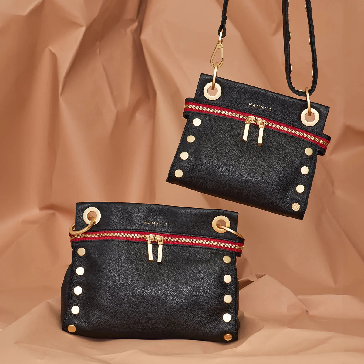 Hammitt Tony Med Signature Crossbody Leather Handbag Black/Brushed Gold Red Zip