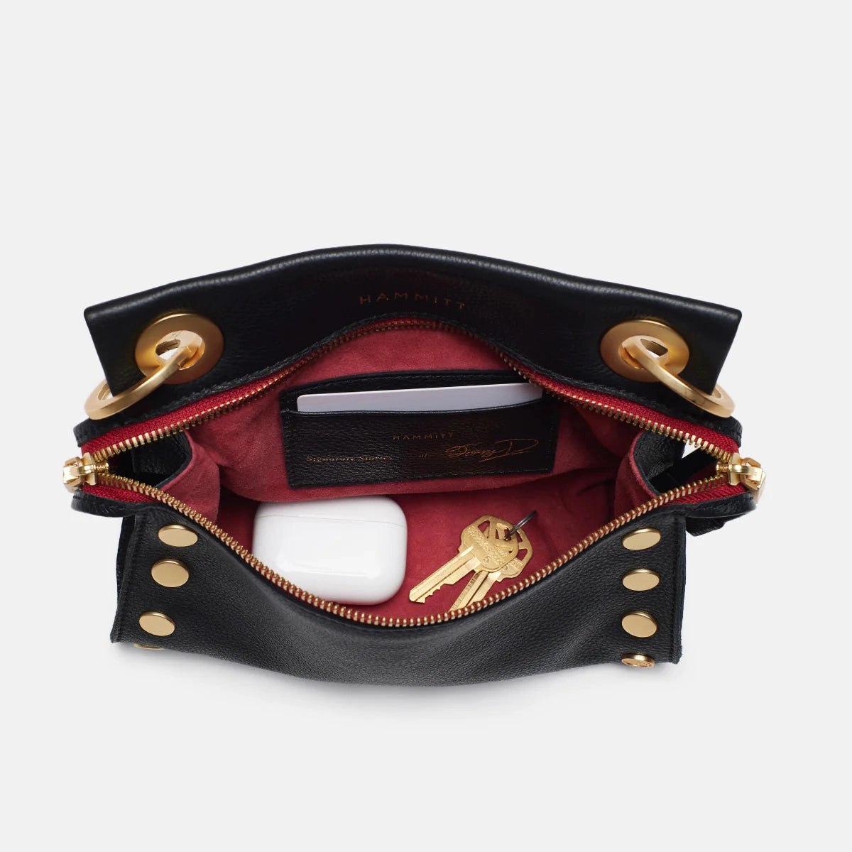 Hammitt Tony Sml Signature Crossbody Leather Handbag Black/Brushed Gold Red Zip
