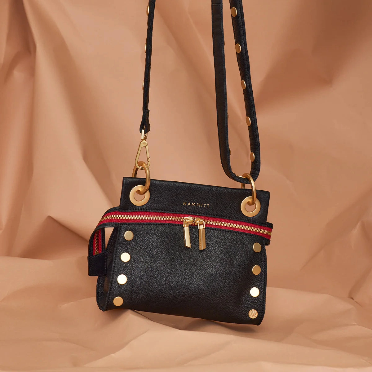 Hammitt Tony Sml Signature Crossbody Leather Handbag Black/Brushed Gold Red Zip