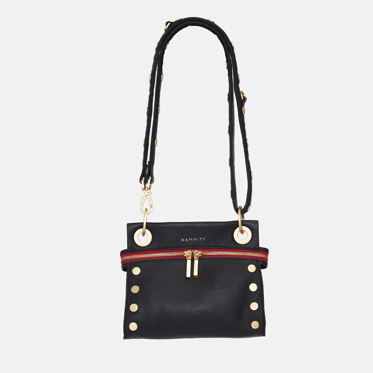 Hammitt Tony Sml Signature Crossbody Leather Handbag Black/Brushed Gold Red Zip
