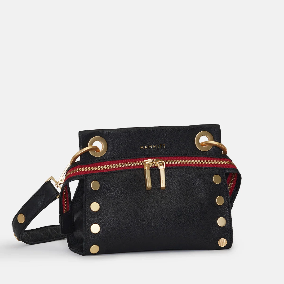 Hammitt Tony Sml Signature Crossbody Leather Handbag Black/Brushed Gold Red Zip