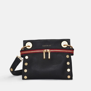 Hammitt Tony Sml Signature Crossbody Leather Handbag Black/Brushed Gold Red Zip