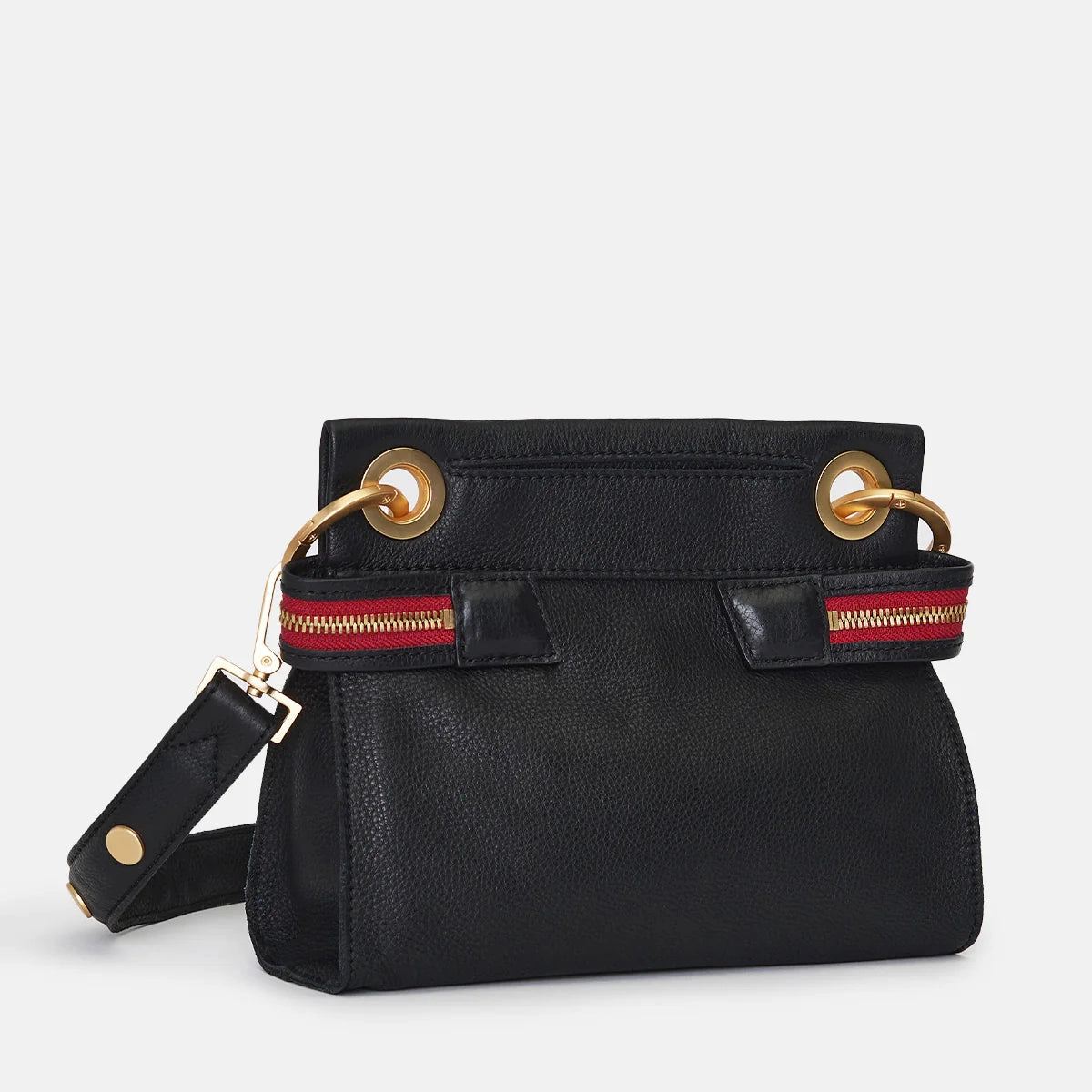 Hammitt Tony Sml Signature Crossbody Leather Handbag Black/Brushed Gold Red Zip