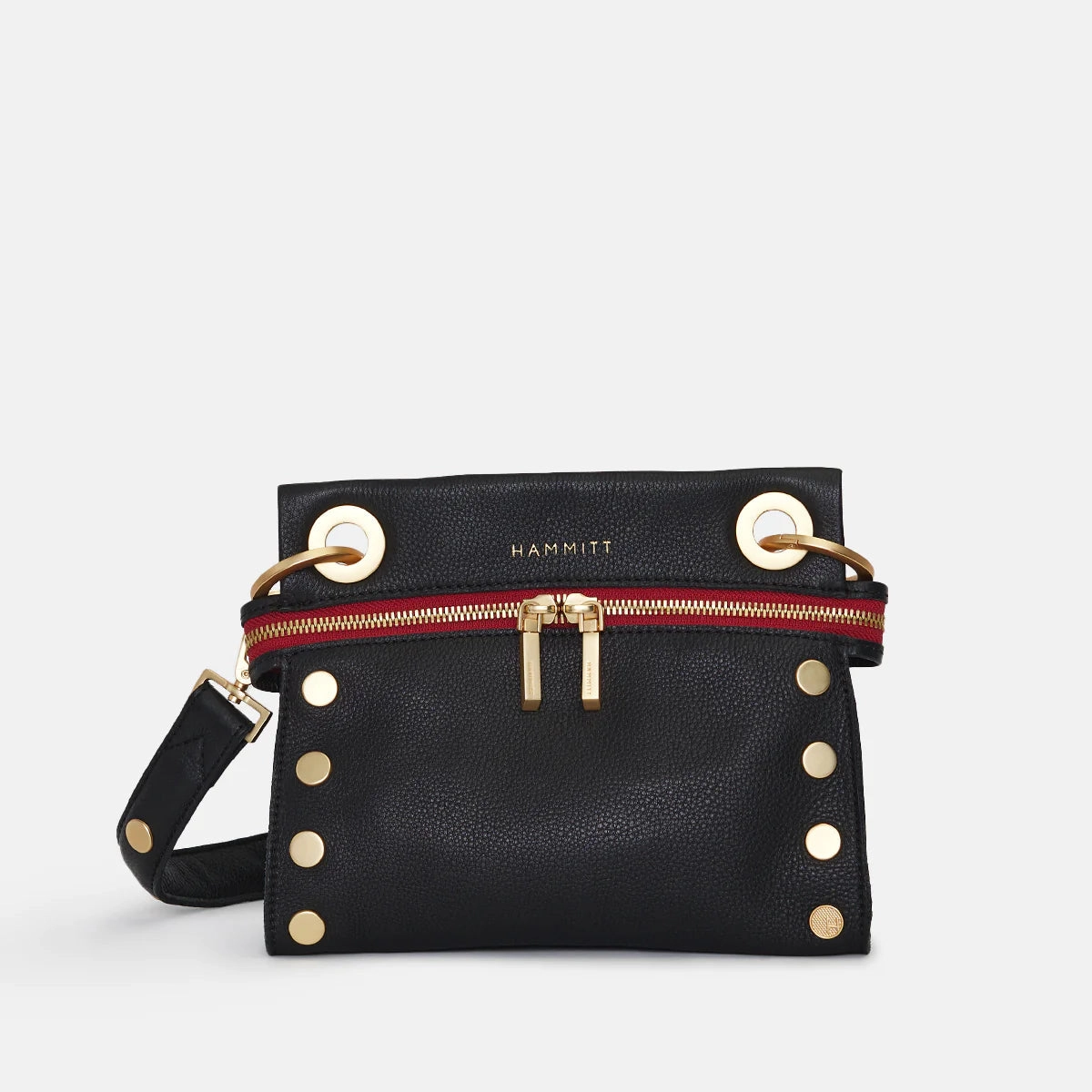 Hammitt Tony Sml Signature Crossbody Leather Handbag Black/Brushed Gold Red Zip