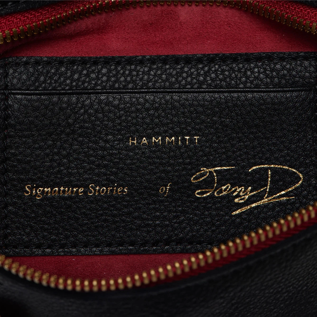 Hammitt Tony Sml Signature Crossbody Leather Handbag Black/Brushed Gold Red Zip