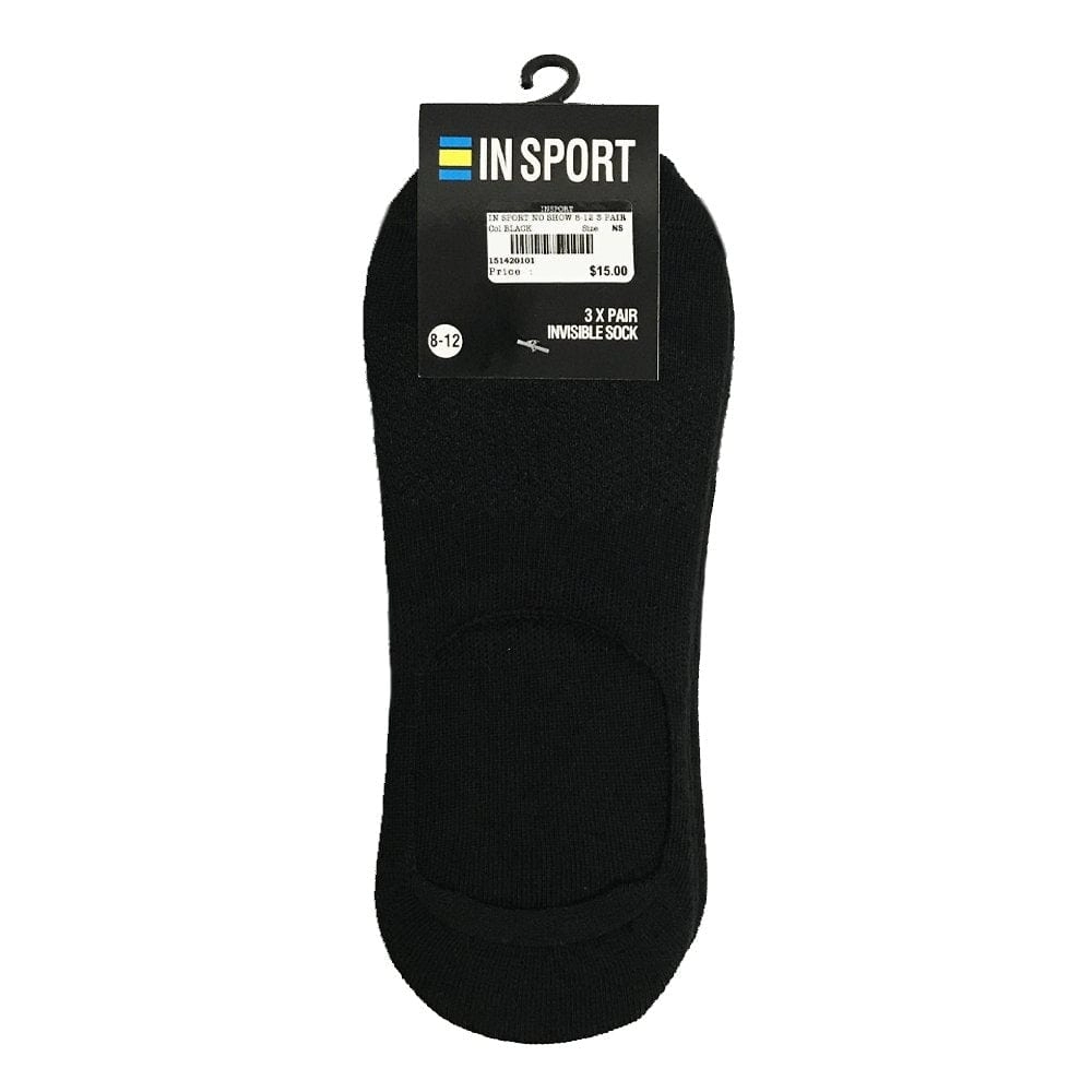 INSPORT UNISEX NO SHOW INVISIBLE 3 PACK BLACK SOCKS