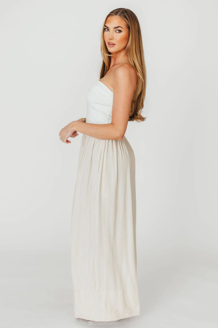 Kaylee Linen and Ribbed Knit Maxi Dress in White/Oatmeal