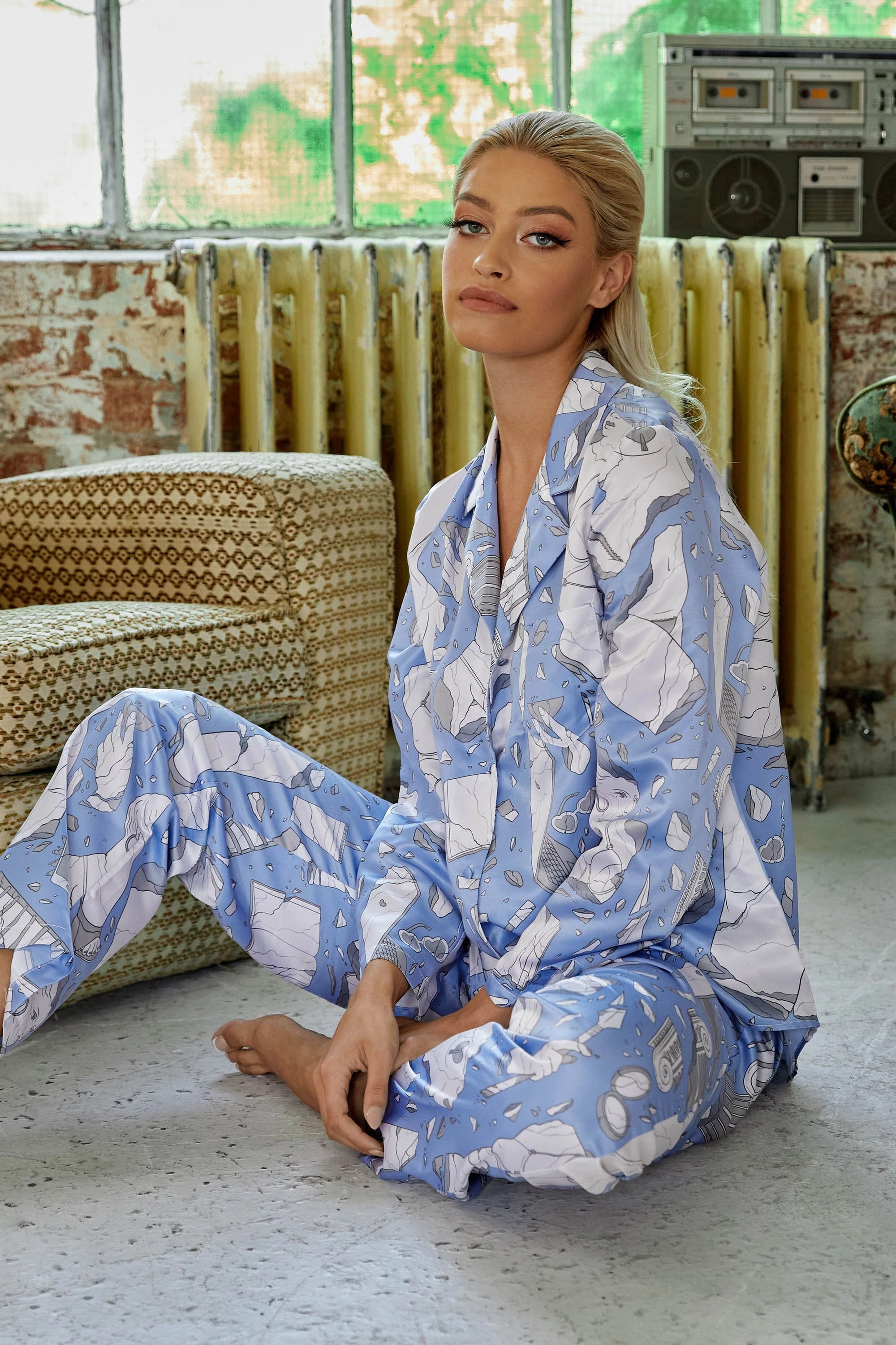 Logan Spector Recycled Blue Statues Satin Trousers