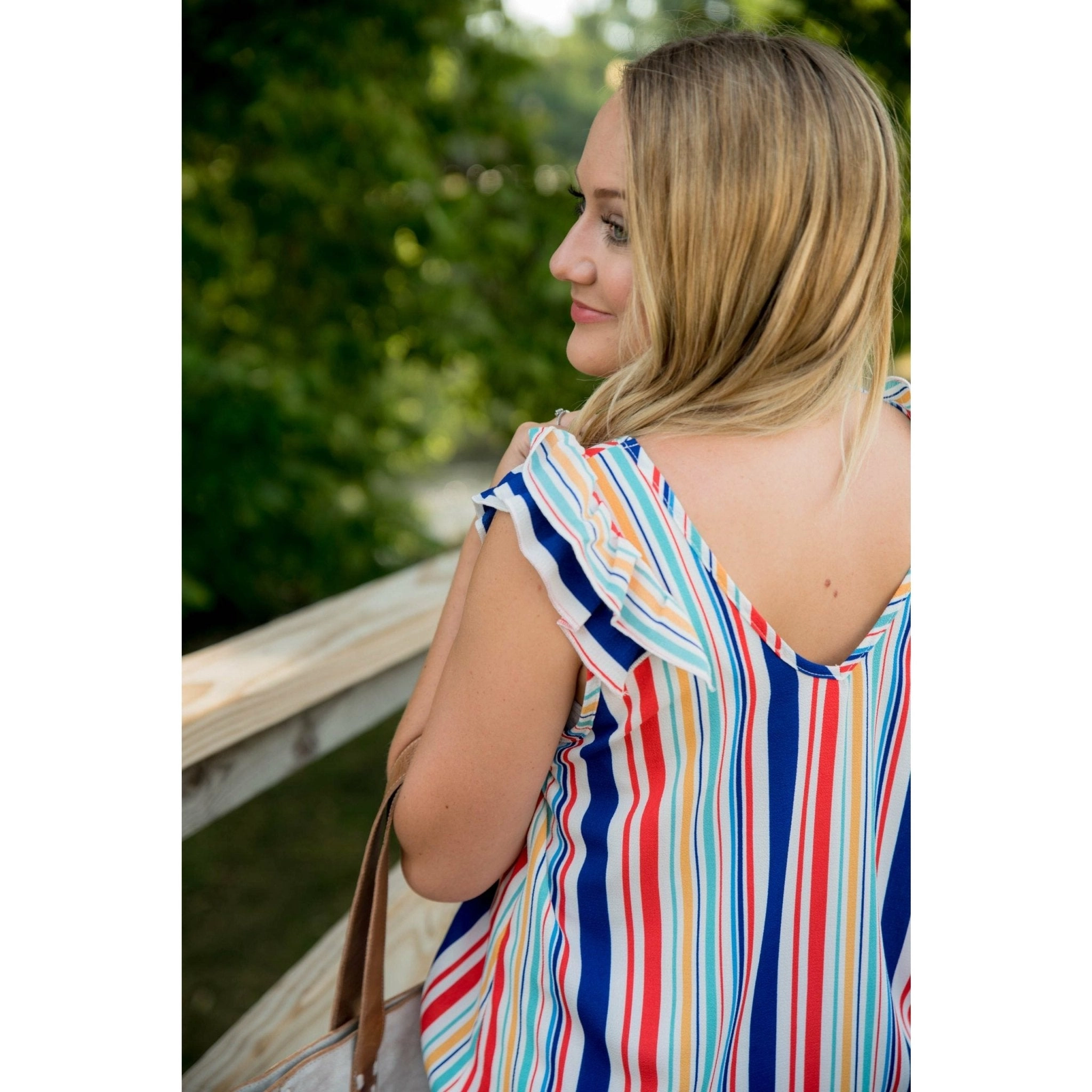 Multi Striped Ruffle Flutter Blouse