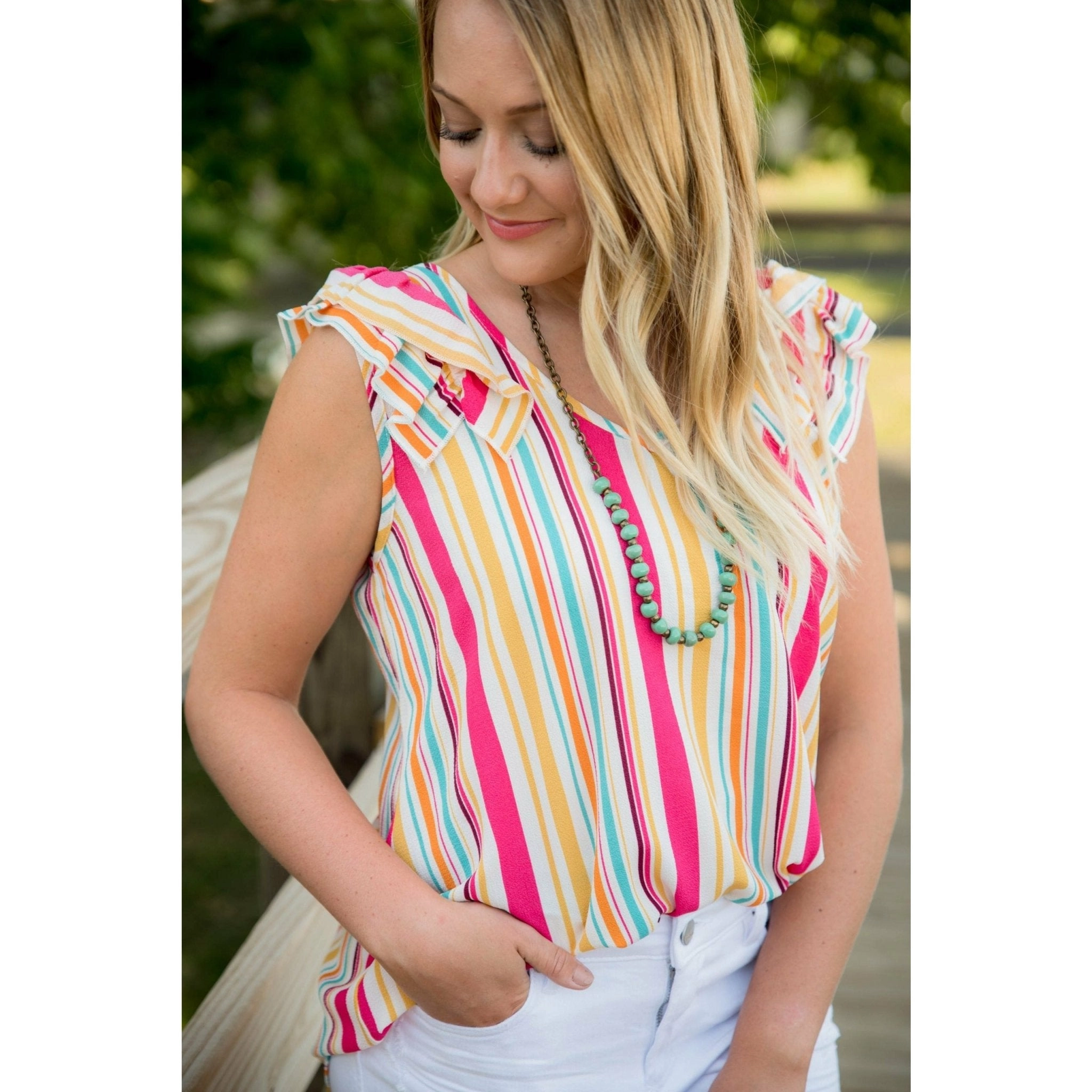Multi Striped Ruffle Flutter Blouse