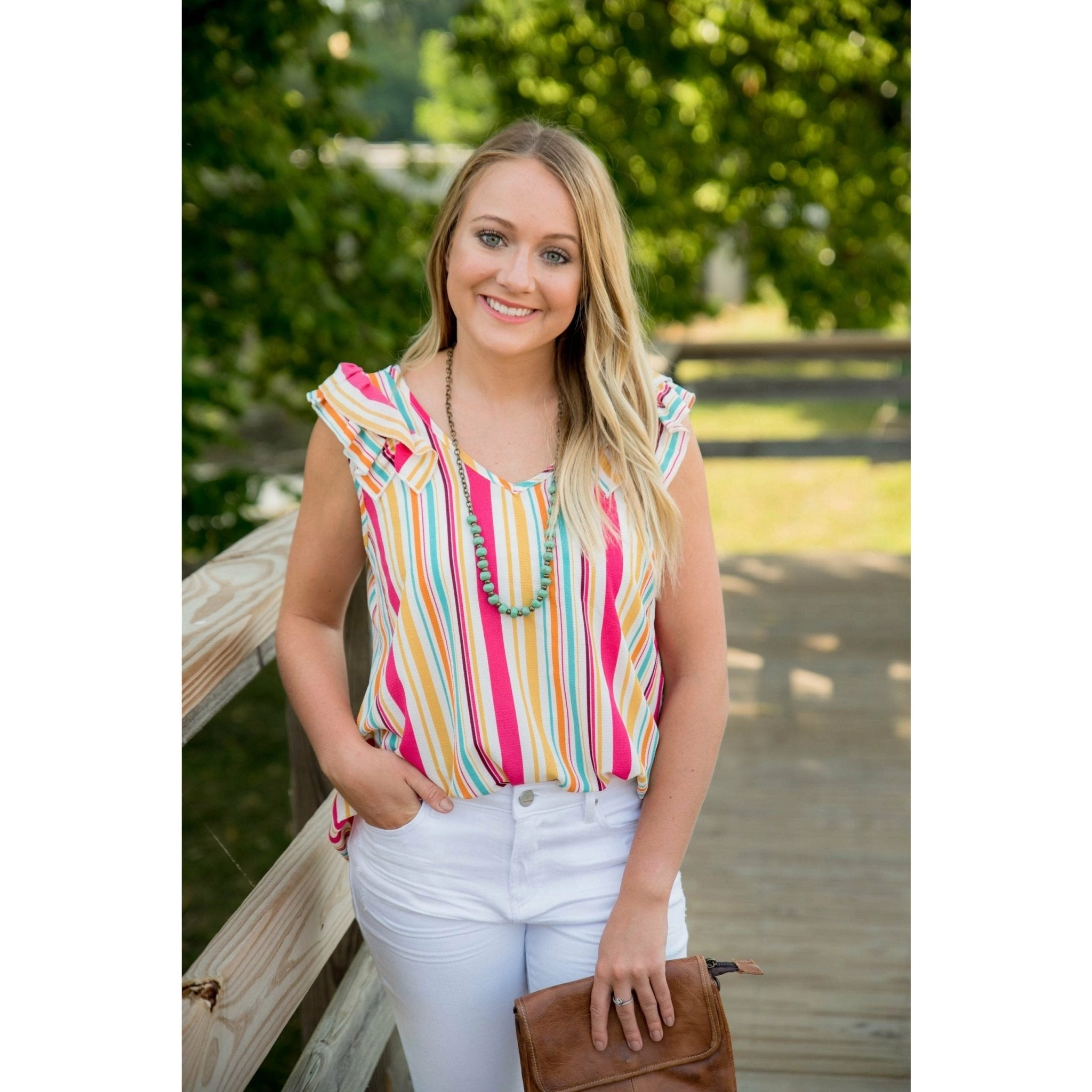 Multi Striped Ruffle Flutter Blouse