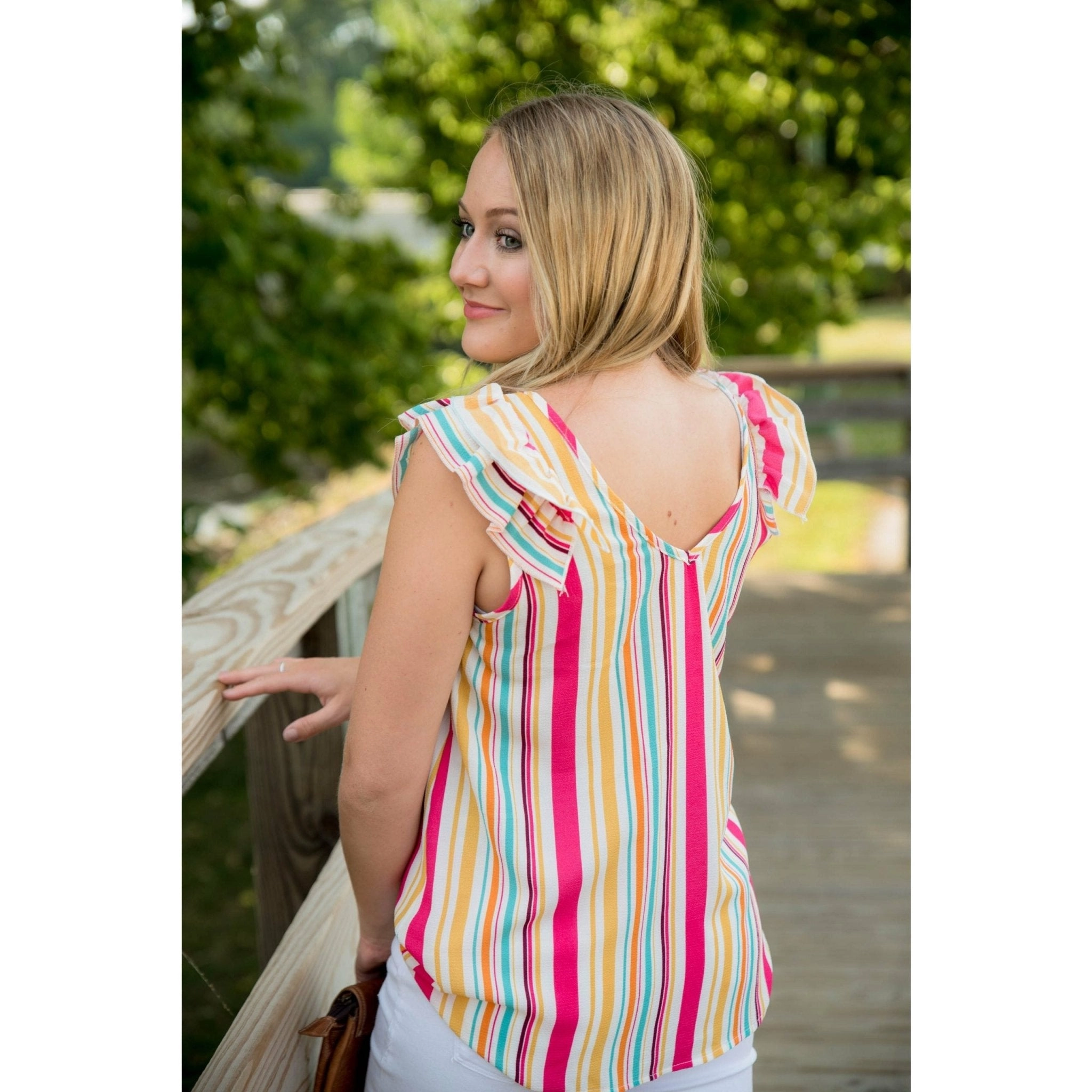 Multi Striped Ruffle Flutter Blouse