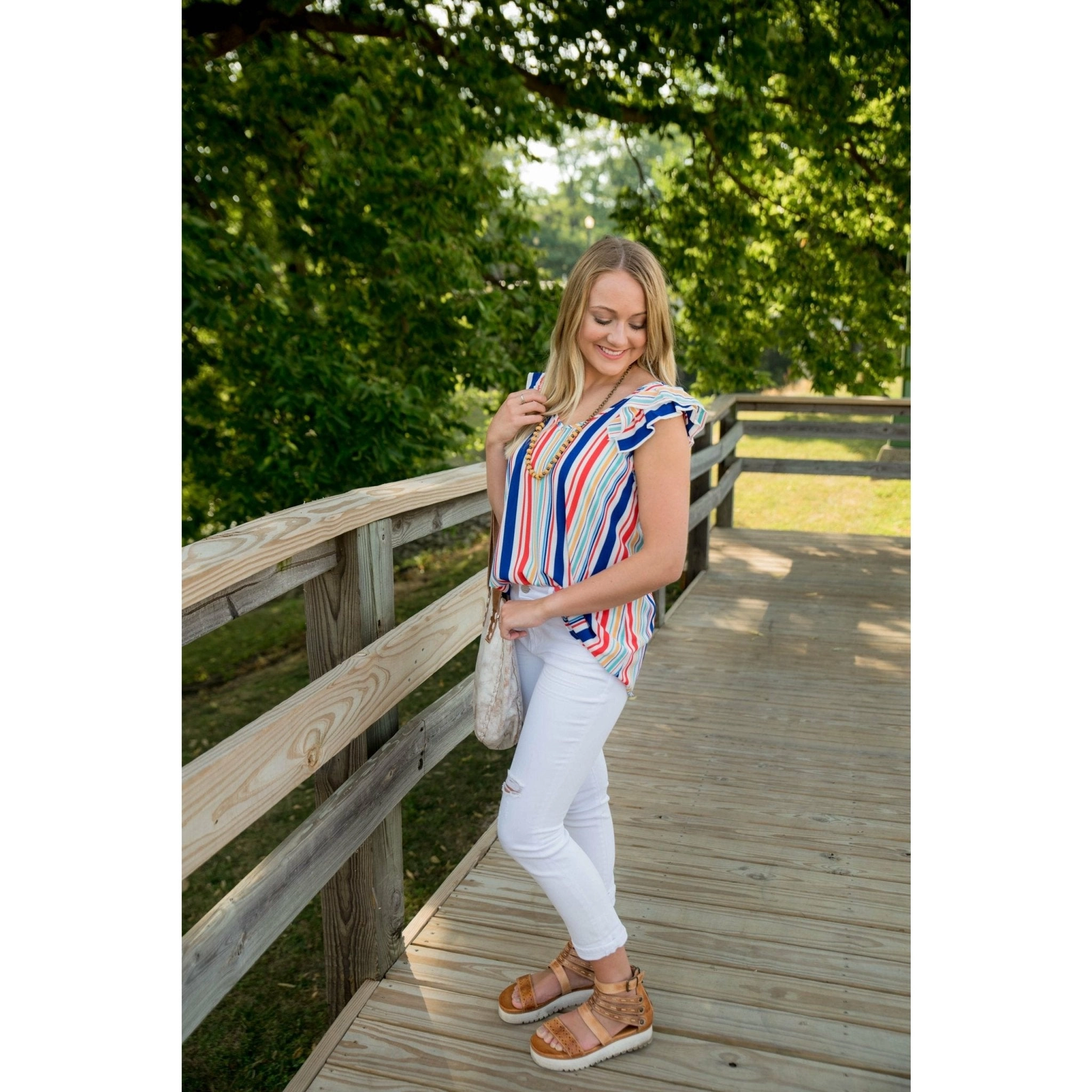 Multi Striped Ruffle Flutter Blouse