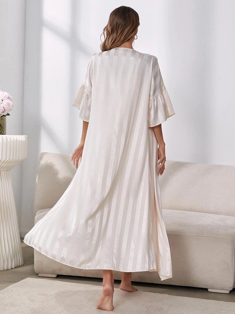 Satin Striped Loose-Fit Nightdress with Matching Robe