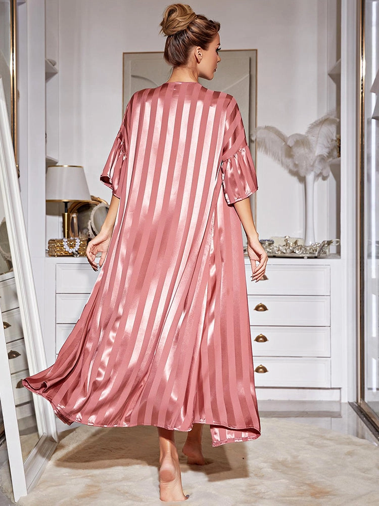 Satin Striped Loose-Fit Nightdress with Matching Robe