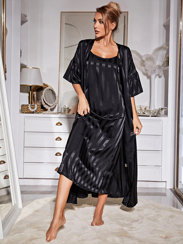 Satin Striped Loose-Fit Nightdress with Matching Robe