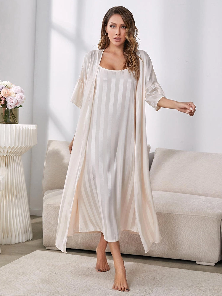 Satin Striped Loose-Fit Nightdress with Matching Robe