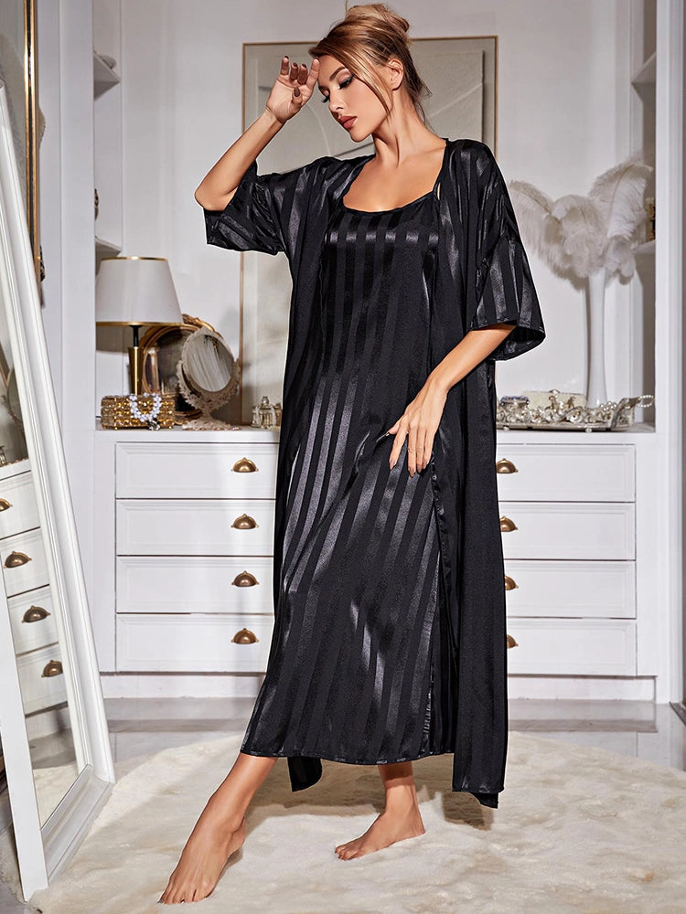 Satin Striped Loose-Fit Nightdress with Matching Robe