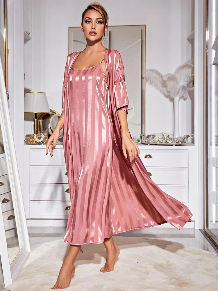 Satin Striped Loose-Fit Nightdress with Matching Robe