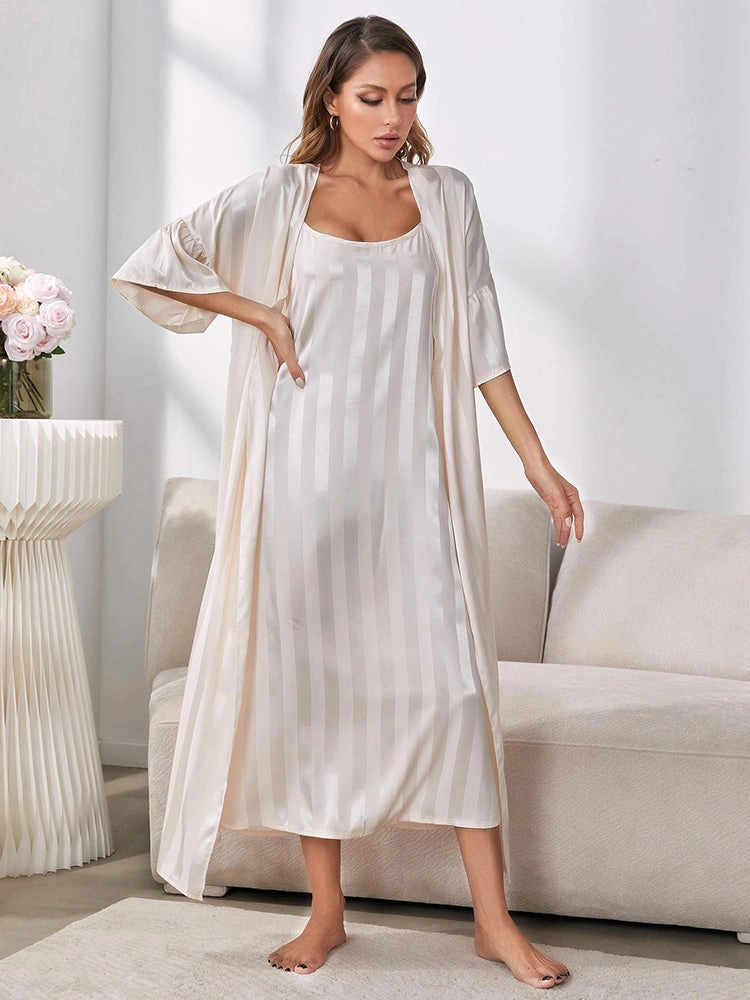 Satin Striped Loose-Fit Nightdress with Matching Robe