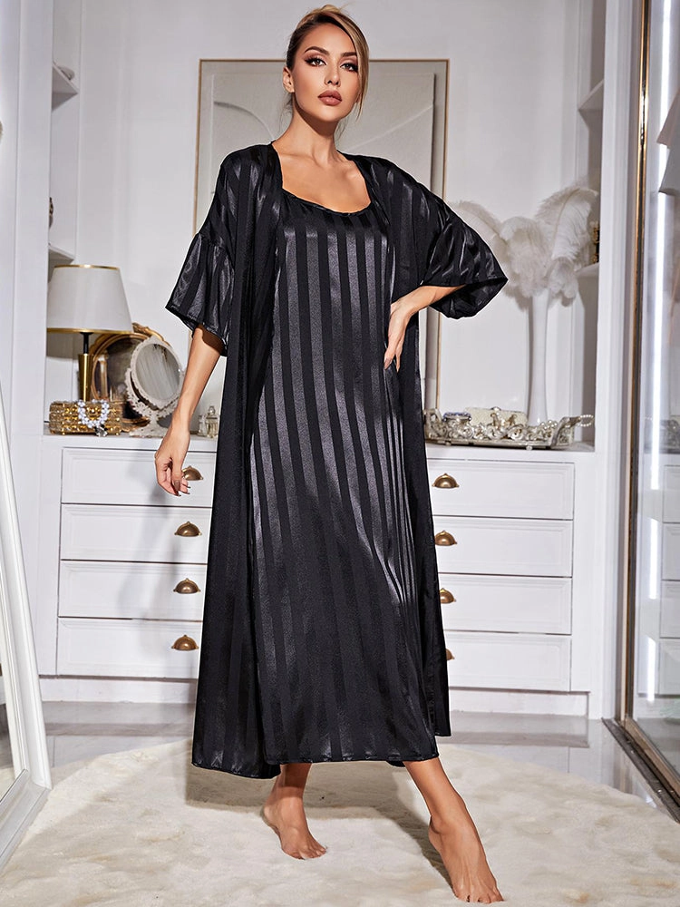 Satin Striped Loose-Fit Nightdress with Matching Robe