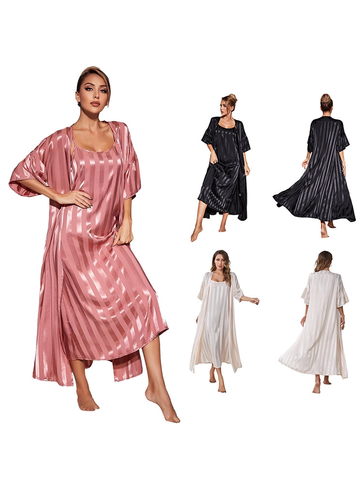 Satin Striped Loose-Fit Nightdress with Matching Robe