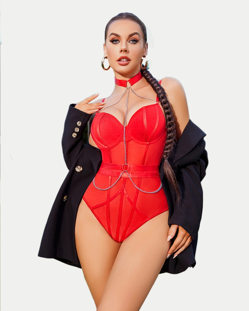 Snap Crotch Bodysuits with Choker Chain