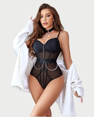 Snap Crotch Bodysuits with Choker Chain