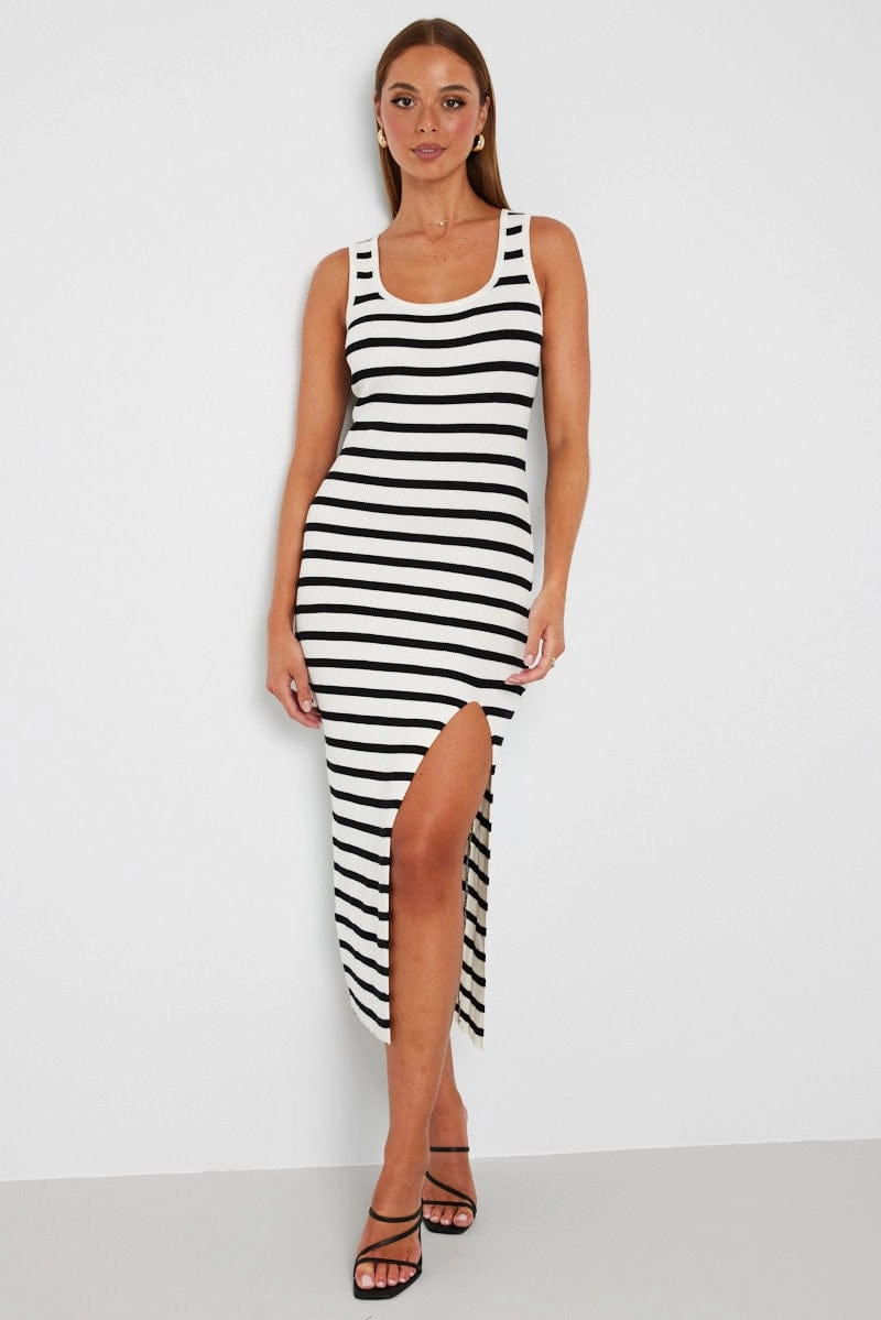 White Stripe Knit Dress Sleeveless Side Split