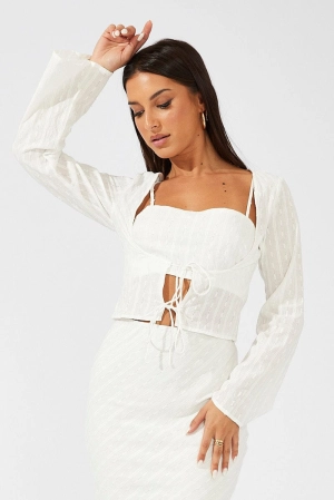 White Top Set Long Sleeve Square Neck Cami Tie Front