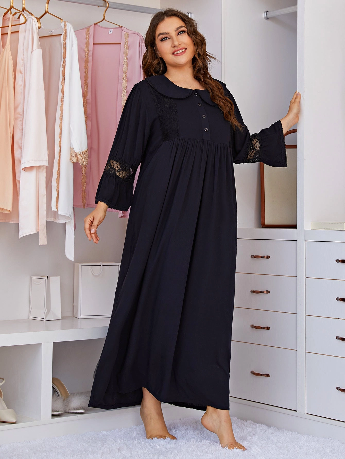 Women Plus Size Lace Long Sleeve Sleepwear Midi Dress