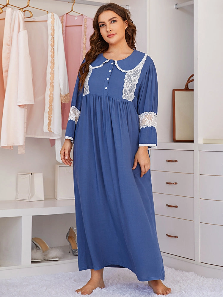 Women Plus Size Lace Long Sleeve Sleepwear Midi Dress