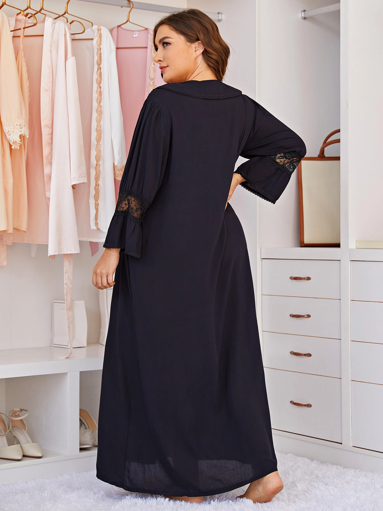 Women Plus Size Lace Long Sleeve Sleepwear Midi Dress