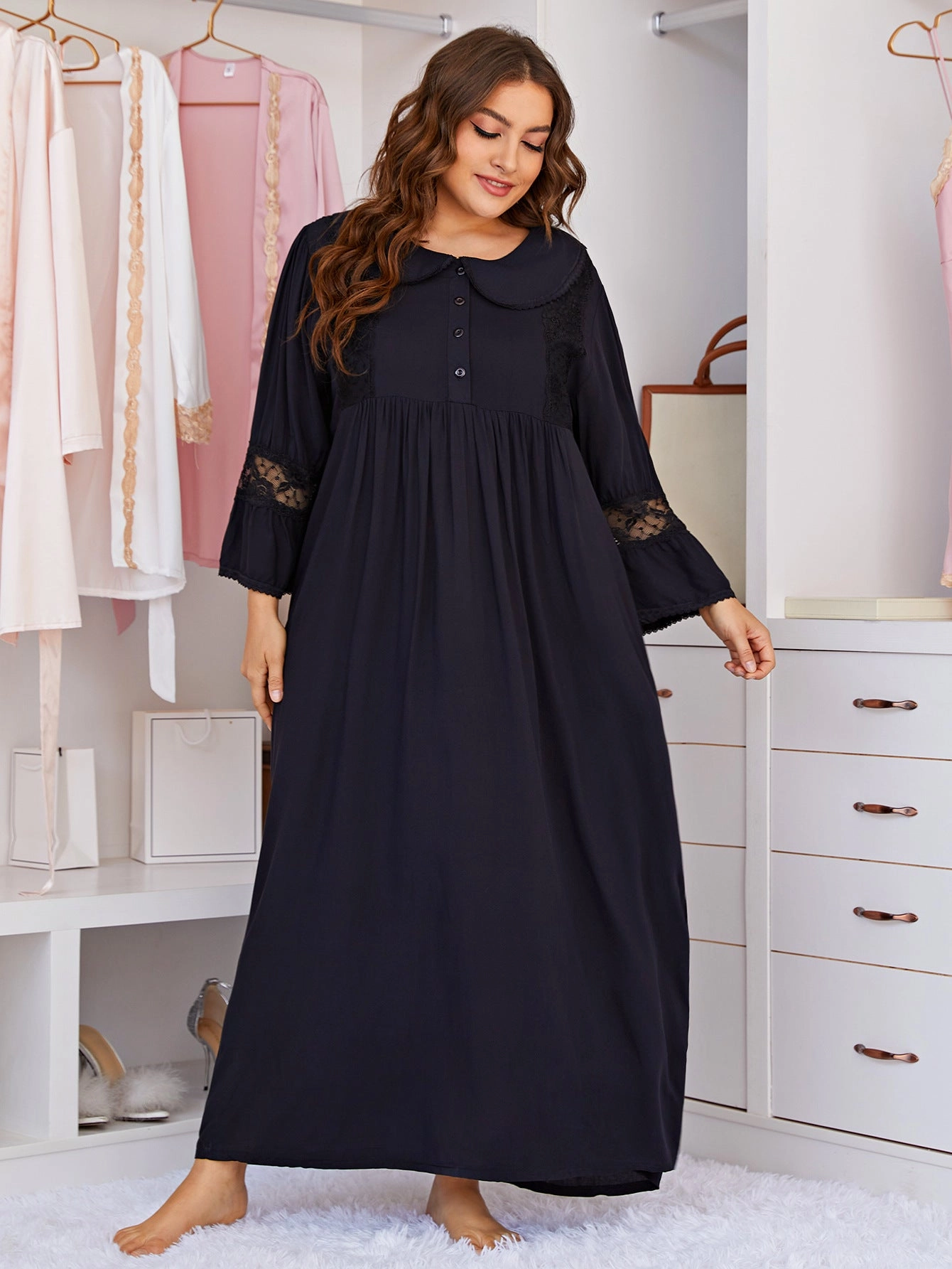 Women Plus Size Lace Long Sleeve Sleepwear Midi Dress