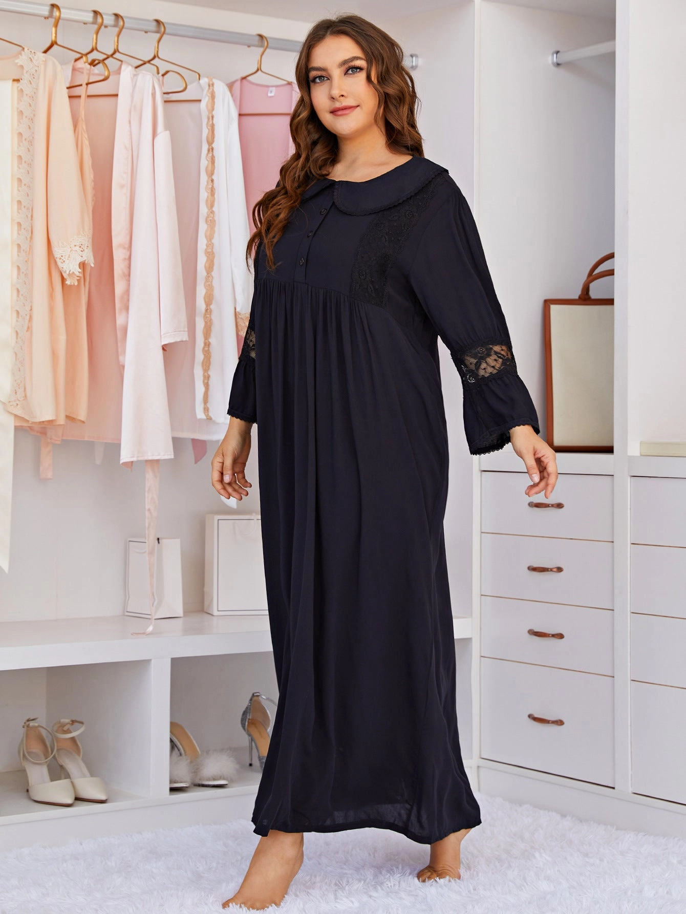 Women Plus Size Lace Long Sleeve Sleepwear Midi Dress