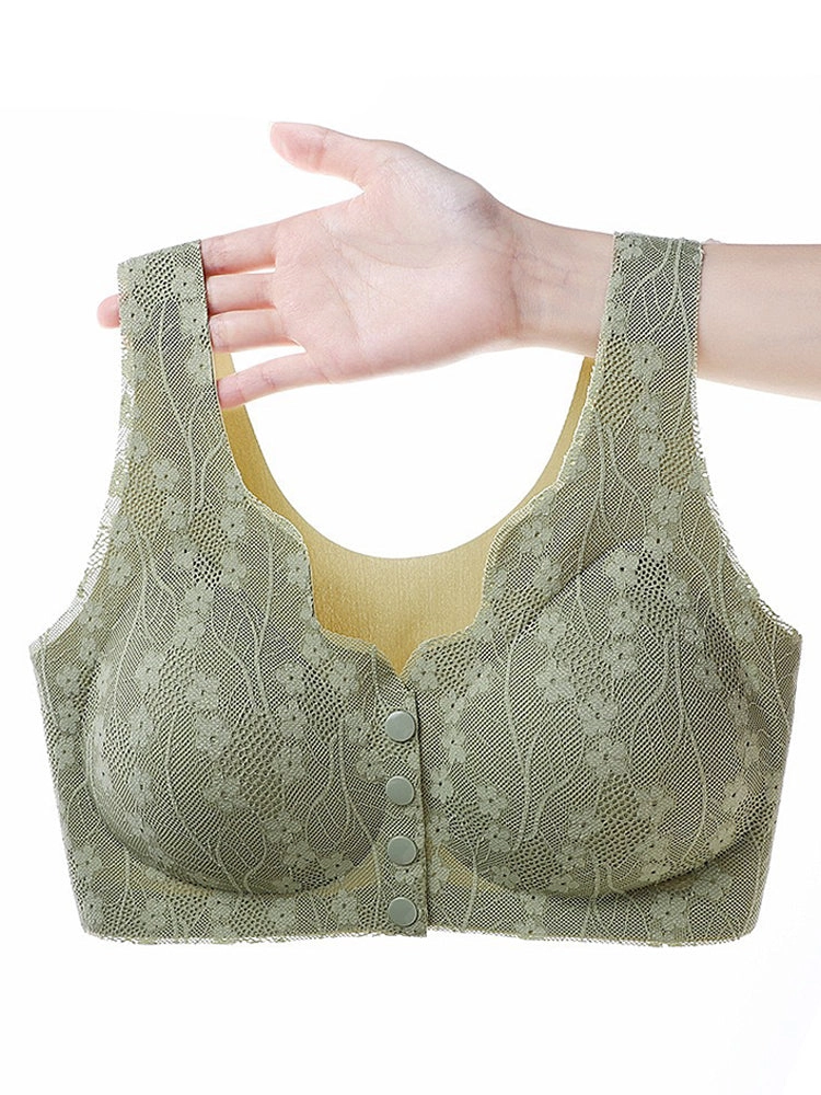 Women's V-neck Front Closure Lace Wireless Bra