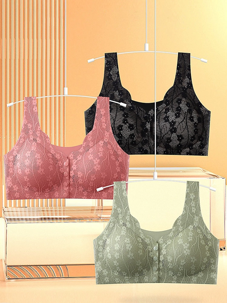 Women's V-neck Front Closure Lace Wireless Bra