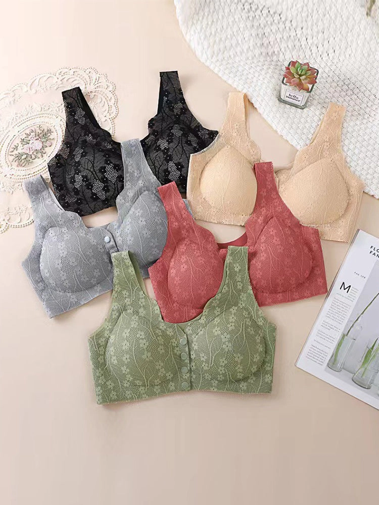 Women's V-neck Front Closure Lace Wireless Bra