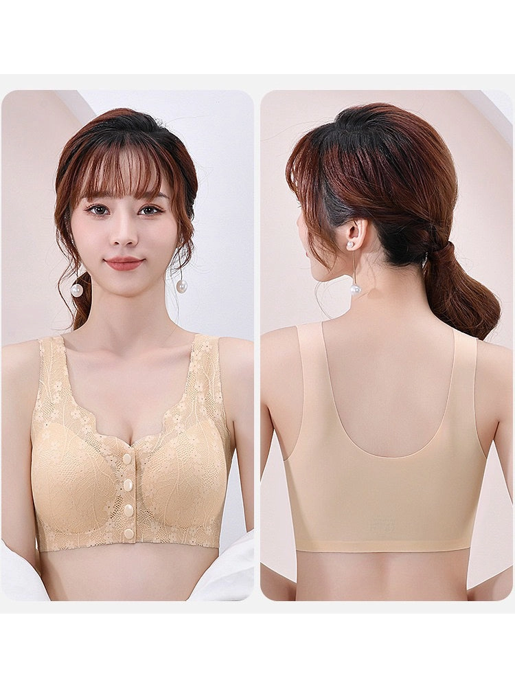 Women's V-neck Front Closure Lace Wireless Bra